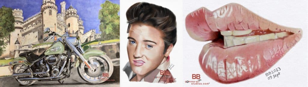 Dessins hyperréalistes par BB - Un Fatboy - Un portrait d'Elvis Presley - Une bouche.